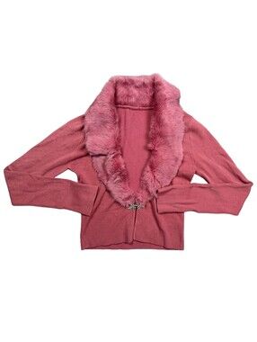 Vintage Pink Real Fur Trim Cardigan Sweater Womens Small Rhinestone Y2K Glam